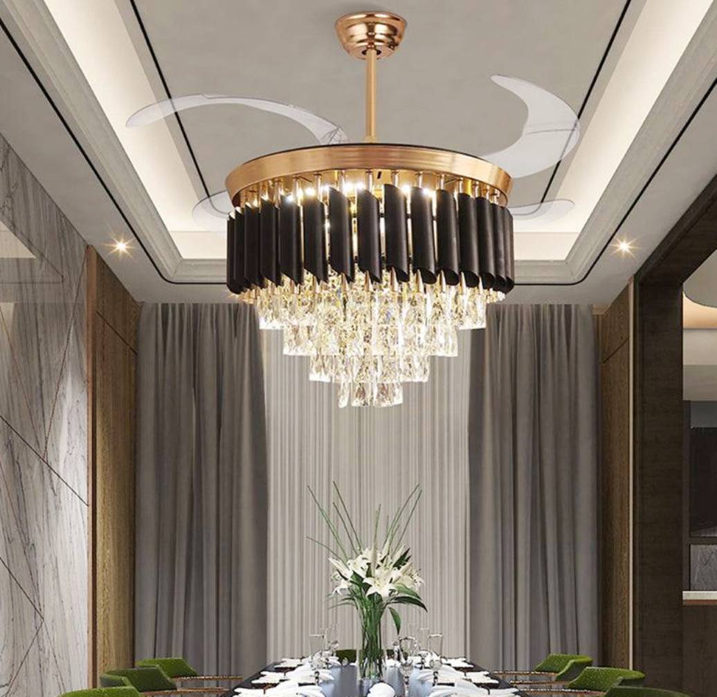 Black and Golden Finish Crystal Design Jhoomar Fan For Home and Hotel