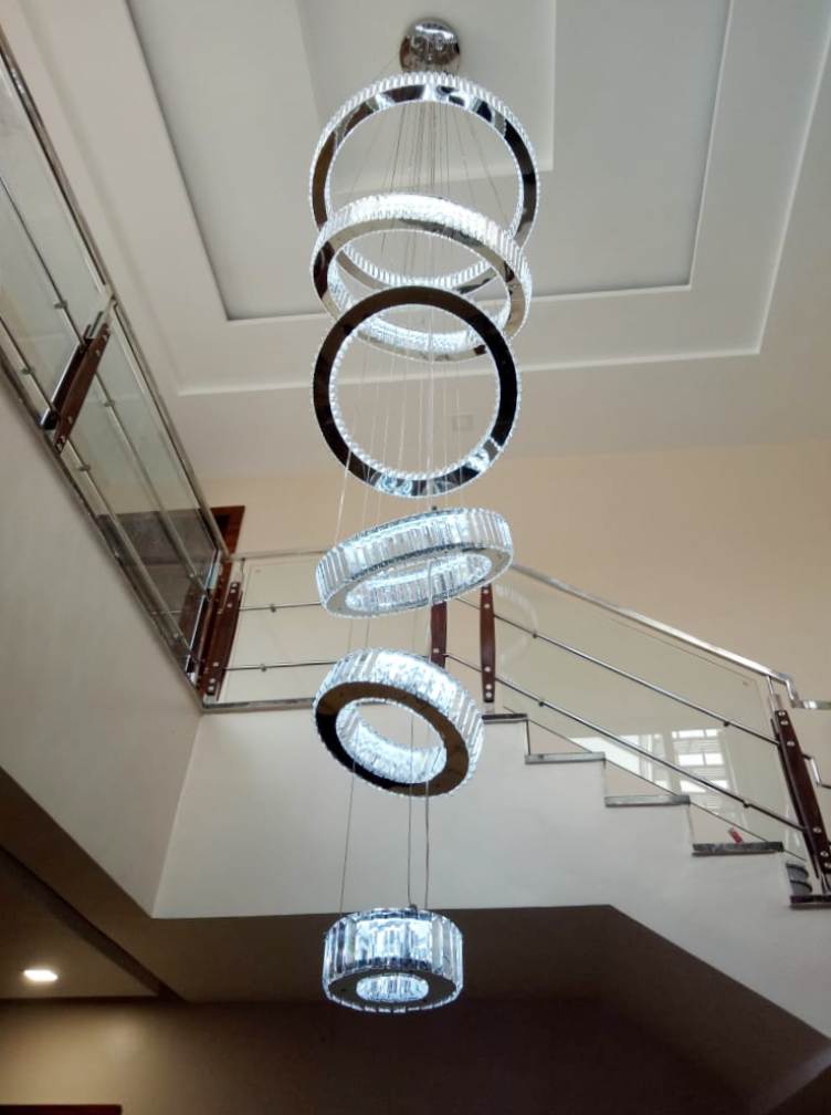 Crystal Ring Pendant Chandelier, Hanging Crystal Chandelier In Stairwell Color Code