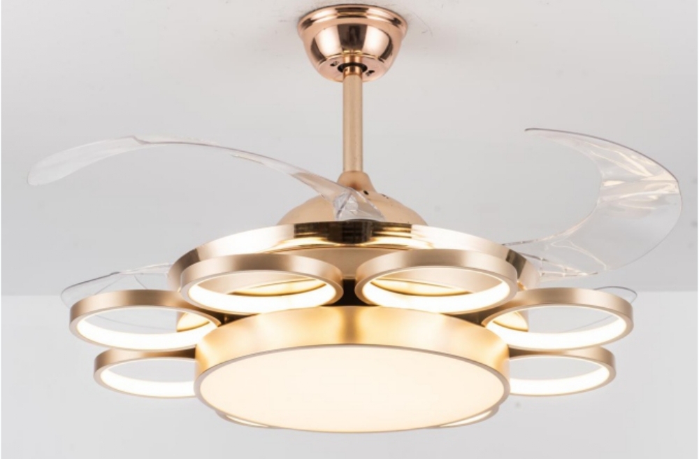 Crystal Ceiling Fan Chandelier Golden Black Noiseless Retractable Blade With 3 Color Setting Chandelier Ceiling Lamp